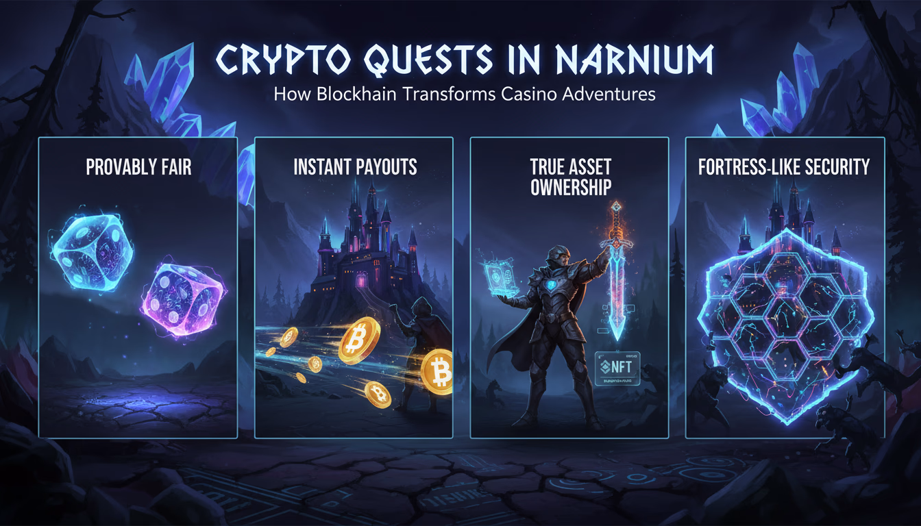 Infografik mit Blockchain-Vorteilen im Casino-Gaming: Geschwindigkeit, Sicherheit, Boni visualisiert mit Icons und Diagrammen