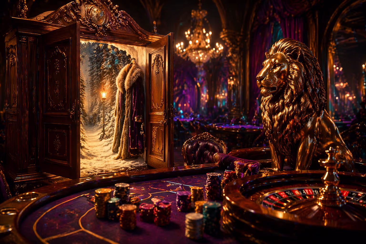 Narnia-inspirierte Tischspiele mit leuchtendem Kleiderschrank-Eingang, Löwenemblem und strategischen Karten im Narnium Casino